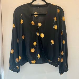 Madewell black blouse with yellow/orange flowers